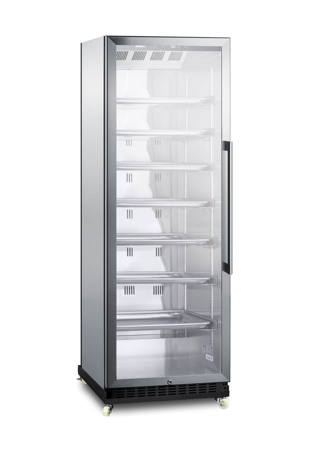 Full-size commercial beverage merchandiser designed for the display and refrigeration of beverages and sealed food, with stainless steel interior, self-closing glass door with a left hand door swing, sheet pans and adjustable tray supports, chrome shelves, stainless steel cabinet, and removable dolly.